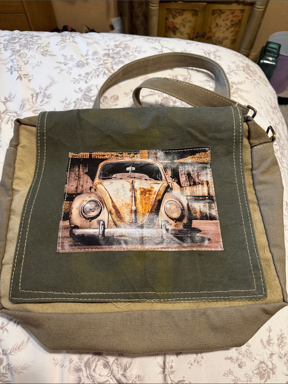 Vintage Car Canvas Crossbody Bag in Olive Green